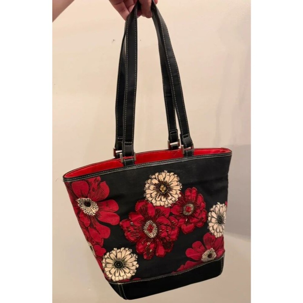 Vintage Y2k Liz Claiborne Red and Black Floral Beaded Purse Shoulder Bag